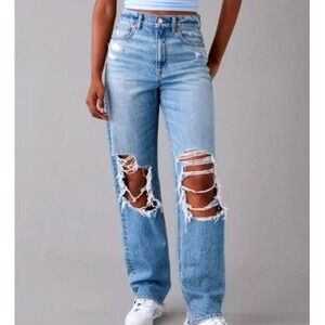 American Eagle Ripped Highest Waist Baggy Straight Jean Medium Indigo Size 12